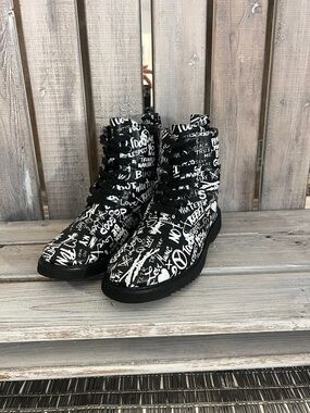 Aldo Black & White Graffiti Lace-Up Combat Boots